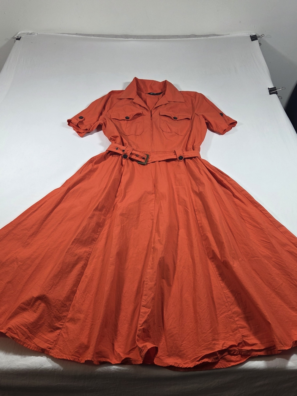 eShakti Vibrant Orange A Line Feminine Short-Sleeve Utility Midi Dress Belted - Picture 5 of 16